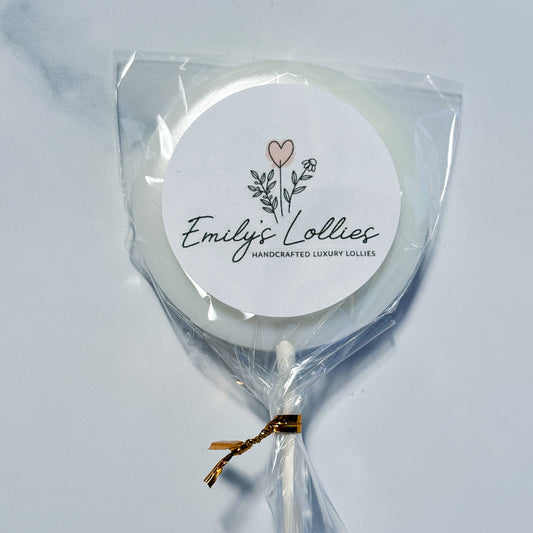 Lollipop in clear packaging with 'Emily's Lollies' label on a light gray background