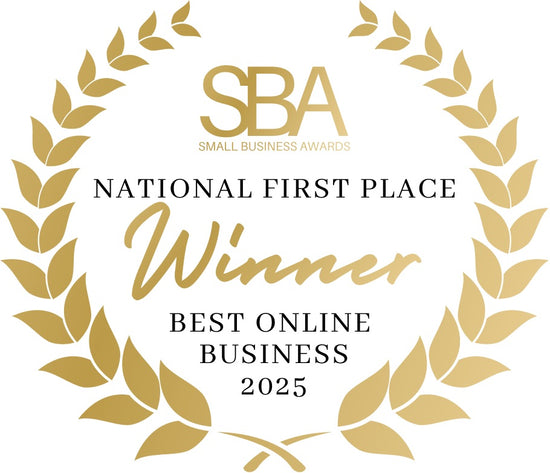 Gold laurel wreath with 'SBA National First Place Winner Best Online Business 2025' text on a white background